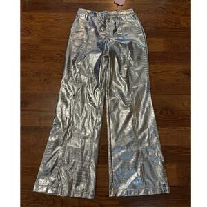 Avec Les Filles Metallic Faux Leather Croc-Embossed Pants – Silver – 8 NWT
